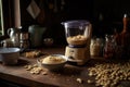 Food processor filled with freshly roasted peanuts being transformed into creamy, delicious peanut butter.