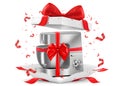 Food processor with red ribbon and bow inside open gift box. Gift concept. Kitchen appliances. Isolated 3d vector illustration. 3D Royalty Free Stock Photo