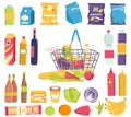 Food product in grocery basket, shop collection isolated on white, vector illustration. Flat supermarket store with Royalty Free Stock Photo