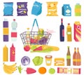 Food product in grocery basket, shop collection isolated on white, vector illustration. Flat supermarket store with Royalty Free Stock Photo