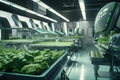 food production in futuristic society, with high-tech farming equipment and robotics