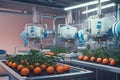 food production in futuristic society, with high-tech farming equipment and robotics