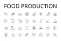Food production line icons collection. Agriculture, Culinary arts, Farming, Cultivation, Harvesting, Fishing, Livestock