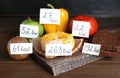 Food products with calorific value tags on wooden table. Weight loss concept