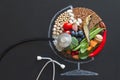 Food products good for health and planet, globe abstraction with stethoscope on chalkboard, planetary health diet concept