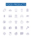 Food products line icons signs set. Design collection of Produce, Meat, Dairy, Groceries, Canned, Frozen, Baked