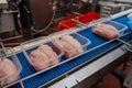 Food products meat chicken in plastic packaging on the conveyor.Factory for the production of food from meat.Meat processing Royalty Free Stock Photo