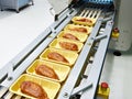 Food products meat chicken in plastic pack on conveyor