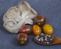 Food products - mushrooms plate with tomatoes Royalty Free Stock Photo