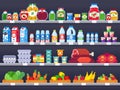 Food products on shop shelf. Supermarket shopping shelves, food store showcase and choice packed meal products sale Royalty Free Stock Photo