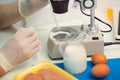 Food quality control expert inspecting at milk specimen in the laboratory