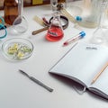 Food quality. Workplace in the nutrition laboratory. Notepad, test tubes, scalpel and tablets with the name of food