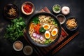 food ramen vegetable japanese meal asian bowl soup chopstick noodle. Generative AI. Royalty Free Stock Photo