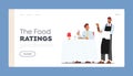 Food Ratings Landing Page Template. Young Man Sitting at Table Ordering Food and Wine in Restaurant. Waiter Bring Bottle Royalty Free Stock Photo