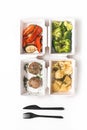 Daily food ration in containers. Delivery from restaurant, set of healthy food and balanced diet