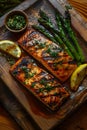 Food recipe with grilled salmon and asparagus on a wooden cutting board Royalty Free Stock Photo