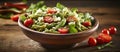 Food recipe Pasta salad with tomatoes, basil on wooden table Royalty Free Stock Photo