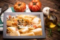 Food recipes tablet computer on rustic wooden table Royalty Free Stock Photo