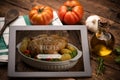 Food recipes tablet computer on rustic wooden table