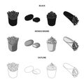 Food, refreshments, snacks and other web icon in black,monochrome,outline style.Packaging, paper, potatoes icons in set