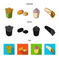 Food, refreshments, snacks and other web icon in cartoon,black,flat style.Packaging, paper, potatoes icons in set