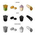 Food, refreshments, snacks and other web icon in cartoon,black,monochrome style.Packaging, paper, potatoes icons in set