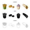 Food, refreshments, snacks and other web icon in cartoon,black,outline style.Packaging, paper, potatoes icons in set