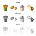 Food, refreshments, snacks and other web icon in cartoon,outline,monochrome style.Packaging, paper, potatoes icons in