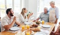 Food, relax and happy with family at table for lunch, love and smile together in dining room. Eating, holiday and dinner Royalty Free Stock Photo