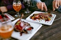 Food In Restaurant. Meat Dishes And Beer On Table Royalty Free Stock Photo