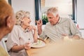 Food, retirement and a senior couple in an assisted living home while eating a meal for nutrition. Cute, love or smile Royalty Free Stock Photo