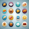 Food reward stickers, buttons, icons for a children or adult game multiple on a light blue background