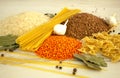 Food: rice, buckwheat, spaghetti, pasta and lentils on the table