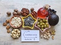 Food rich in linoleic acid with chemical formula of linoleic acid. Nuts, seeds, oils contain omega 6, 3 essential fatty acids Royalty Free Stock Photo