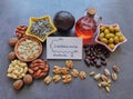 Food rich in linoleic acid with chemical formula of linoleic acid. Nuts, seeds, oils contain omega 6, 3 essential fatty acids