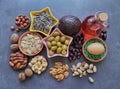 Food rich in linoleic acid. Nuts, seeds, avocado, olives and rose hip oil contain omega 6 and omega 3 essential fatty acids