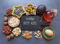 Food rich in linoleic acid. Nuts, seeds, avocado, olives and rose hip oil contain omega 6 and omega 3 essential fatty acids