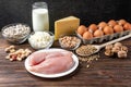 Food rich of protein.Healthy eating and diet concept. Eggs, cheese, cottage cheese, walnut, peanut, green lentil, beans and chick