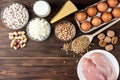 Food rich of protein.Healthy eating and diet concept. Eggs, cheese, cottage cheese, walnut, peanut, green lentil, beans and chick Royalty Free Stock Photo