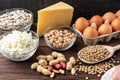 Food rich of protein.Healthy eating and diet concept. Eggs, cheese, cottage cheese, walnut, peanut, green lentil, beans and chick Royalty Free Stock Photo