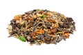 Food for rodents, a pile of cereals, seeds and components isolated on white background, side view.