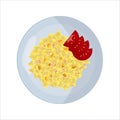 Food on a round white plate in flat style. The concept of lunch, dinner. Farfalle pasta with slices of pepper, ham or Royalty Free Stock Photo