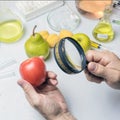 The food safety inspector is testing fruit from the market. Holds a magnifying glass in his hand