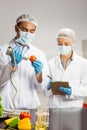 Food scientist using device on tomato Royalty Free Stock Photo