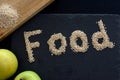 Food scribed with real food in a table Royalty Free Stock Photo