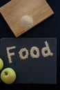 Food scribed with real food in a table Royalty Free Stock Photo