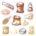 Food and sea salt sketch set. Natural powdered seasoning and cooking ingredients packaging utensil