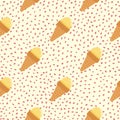 Food seamless pattern with yellow ice cream in waffle cone. White background with red dots