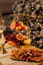 food on the served festive table. fruit platters, cheese, canapes and cold cuts for the buffet. Catering. Royalty Free Stock Photo