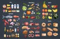 Food set. Collection of various meal, fish and meat Royalty Free Stock Photo